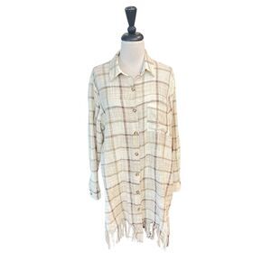 Blue B Women's Plaid Fringe Hem Long Sleeve Button Front Shacket Cream Small NWT